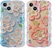 Buoluoioir Pack of 2 Mobile Phone Case for Apple iPhone 15 6.1 Inch, Flowers Case, Funny Case, Cute Painted Pattern, Aesthetic Design, Protective Case, Slim, Shockproof, Scratch-Resistant Case, 3