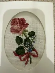 COMPLETED FINISHED CROSS STITCH CARD ''PRETTY PINK ROSE”