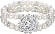[EVER FAITH] Crystal Simulated Pearl Elegant Spindrift Floral 2 Rows Stretch Bracelet for Prom, Bridal