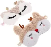 TOVINANNA 2pcs Cute Plush Eye Mask for Sleeping Cartoon Reindeer Design for Travel Home and Holiday Parties Blocks Light for Restful Sleep Soft Comfortable Blackout Eye Mask