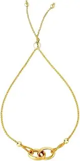 [JewelryWeb] 14k Yellow Gold 9x20mm Interlocked Double Ring Center Looped 1mm Wheat Chain Bracelet 23 Centimeters Link-Bracelet for Women and Men