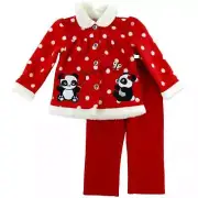 Young Hearts Infant Girls Red Dot Panda Faux Fur Jacket Pants Fleece Set NB