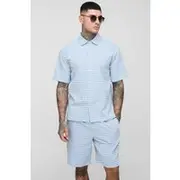Mens Light Blue Tall Oversized Boxy Micro Check Shirt & Short Set