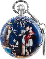 [Alwesam] Painted Picture Steel Pocket Watches for Men, Roman Numerals Scale Mechanical Pocket Watch with Chain,London Design Double Open Womens Mens Pocket Watch
