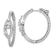Sterling Silver Shimmer Rhodium-Plated 88 Stone Cz Fancy In And Out Oval Hinged Hoop Earrings