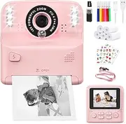 PHNIXGAM Kids Instant Print Camera with 2 Flash Lights, Children Selfie Digital Camera with 2.4 Inch Screen, 32GB Card, 5 Rolls Print Paper for Age 3-12 Girls Boys Toy Gifts Travel (Pink)