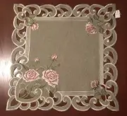 Vintage Green Square Table Linen Runner Doily Pink Roses 15” X 15” Spring