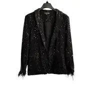 Nicole Miller Jacket Womens M Black Charlotte All Over Sequin Feather Trimmed