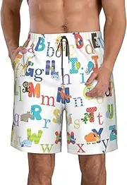 [OAROK] Colourful Animal Alphabet Men's Casual Beach Shorts Quick Drying Shorts Men's Stretch Swim Trunks Daily Wear Style, White, Medium