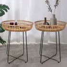 Rattan End Table, Nesting Tables, Set of 2, Bamboo, Round, Metal Base, for