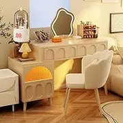 Makeup Vanity Table with Cloud Mirror & 4 Drawers,Illuminated Dressing Table with Storage Bin,White Modern Cabinet Organization Unit(with Chair,80-100cm)