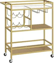 MAHANCRIS Bar Cart for Home, 3-Tier Beverage Cart with Wine Rack and Glass Holders, Rolling Wine Stand for Kitchen, Dining Room, Gold RCJ61B01