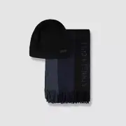 $54 Kenneth Cole Reaction Men's Black Striped Logo Scarf Beanie Gift Set OS