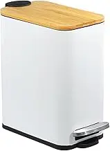 Small Trash Can with Bamboo Lid Soft Close, 5L Pedal Bin, Rectangular Garbage Bin with Removable Inner Wastebasket for Bathroom, Bedroom, Powder Room, Craft Room, Office, Kitchen (White)