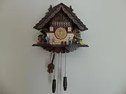 Traditional Black Forest Cuckoo Clock - Handcrafted Dark Walnut, 11.3" with Hourly Cuckoo Call, Fixed Dog & Family, Quartz German Design, Volume Control, Auto Night Mode