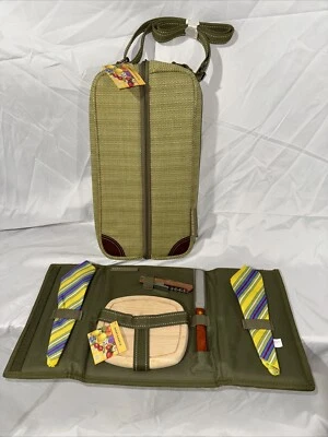 Vtg Compact Tri-fold Harry&David wine & cheese travel picnic set for two NWT