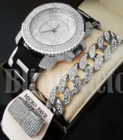 Men Hip Hop Iced White Gold PT CZ WATCH & Cuban Bracelet & Earrings Combo Set