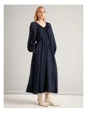 [Basque] Volume Tie Waist Maxi Dress in Navy
