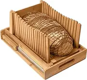BambooSong Bamboo Bread Slicer with Crumb Tray Bamboo Bread Cutter for Homemade Bread, Loaf Cakes, Bagels Slicer, 3 Slice Sizes, Adjustable, Compact, Foldable