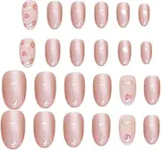 Artificial Nails, Pink Full Cover Tip, Stick Artificial Fingernails with Strawberry Bowknot Design, Fake Nails Set for Women Girls