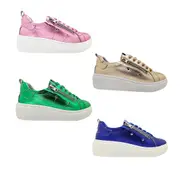 JoJo Ellie 2839 Ladies Shoes Leather Metallic Casual Trainer Platform Sole Zip Lace Up Light