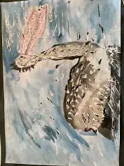 A wonderful portrait of a pelican painted by artist William Fisk when he was 5.