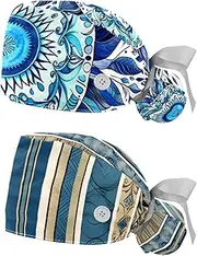 [YTYVAGT] 2-Pc,Nurse Scrub Caps,Scrub Hats with Buttons and Cotton Sweatband,Bohemian Ethnic Mandala Leaves