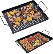 2 Pack Grill Baskets for Outdoor Grill BBQ Grill Topper with Holes, Nonstick Grill Pans for Outdoor Grill BBQ Grill Tray Grilling Basket with Handle, Grill Accessories for Vegetable, Meat, Fish,Shrimp