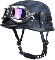Motorcycle Half Helmet Retro Open Face Half Shell Helmet with Goggles Personality German Style Leather Jet Helmet for Street Cruiser Scooter Moped Helmets DOT Approved