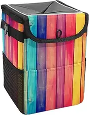 Car Trash Can with Lid and Storage Pockets Leak-Proof Organizer,Waterproof Garbage Can,Vintage Wood Color Striped