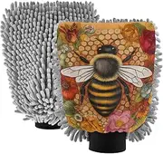 XYMZR Vintage Bee Red Floral Absorbent Microfiber Car Wash Mitt, Funny Cute Anime Scratch Free for Cars Cleaning, Home Cleaning Mitts, 2 Pack, 10.24” L x 7.09” W