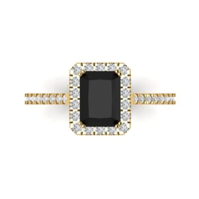 1.96Ct Emerald Cut Natural Onyx Gold Halo Engagement Promise Statement Ring