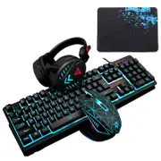 104Key Waterproof design USB Wired Multimedia RGB Backlit Mechanical Gaming Keyboard and LED Gaming Headphone and 3200DPI LED Gaming Mouse Sets with Mouse Pad