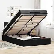vidaxl Ottoman Bed with Mattress - King Single Fabric, Black - LED Lights, Hydraulic Lift Storage, Pocket Spring, Polyester