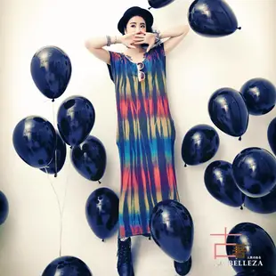 中大尺碼 彩虹直條波紋刷色長版棉洋裝-La Belleza