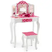 Giantex Kids Vanity Table & Stool Set Toddler Pretend Play Dressing Table w/Mirror & Drawer Children Study Desk