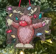 Handmade Cross Stitch Christmas Tree Ornament-Completed-Rudolph Tangled in Light