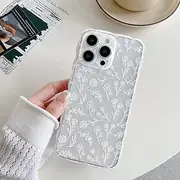 UEEBAI Cute Clear Case for iPhone 15 Pro Max 6.7 inch, Wavy Flower Case Pretty Floral Cute Curly Clear Case Stylish Soft Phone Case Anti-Yellow Pretty Aesthetic Case for Women and Girl - White