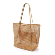 GGP 2 Pcs Khaki Casual Mesh Tote Bag Shoulder Bag For Beach & Travel 35X17X37Cm