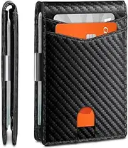 [Generic] Slim Wallet for Men Gifts 12 Card Slots ID Window with Money Clip Minimalist RFID Front Pocket Bifold Leather Small Thin Gift (Black+Orange, One Size)