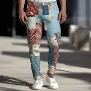 Men's Geometric Color Block Patchwork Dress Pants Trousers Suit Pants Mid Waist Ethnic Vintage Retro Outdoor Holiday Slim Fit Pants with Pockets Spring Fall 3D