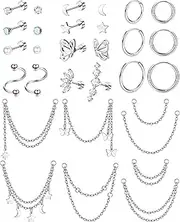 [Kakonia] 20G Cartilage Earrings Set For Women Men Stainless Steel Small Huggie Hoop Earring Flatback Star Moon Butterfly CZ Cartilage Stud Earrings Chain Dangle Cartilage Helix Tragus Piercing Jewelry