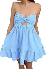 [Generic] Women Twist Knot Tube Mini Dress Twisted Cutout Strapless Backless Ruffle Flowy Solid Sexy Party Short Dresses