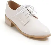[QSCQ] Women's Vegan Leather Oxfords Brogues Lace Up Chunky Low Heel Pumps Shoes Solid Colors Round Toe Dress Flats