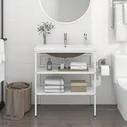Bathroom Washbasin Frame with Built-in Basin White Iron,Modern Washbasin Unit with Builtin Ceramic Basin and Ample Storage Vanity Suites