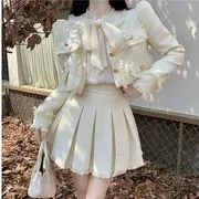 Long-Sleeve Tie-Neck Plain Blouse / Crew Neck Fringed Crop Single-Breasted Blazer / High Waist Pleated Mini A-Line Skirt / Set Blouse - Almond - M
