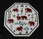 24" antique White Marble Table Top center Inlay pietra dura elephant wall decor