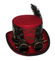 Deluxe Velvet 5.5" High Steampunk Top Hat Removable Goggle, Gears & Feathers