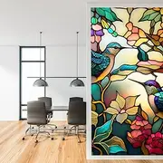 Privacy Window Film Modern Bird Flowers Pattern Stained Glass Window Film Decorative Frosted Window Cling Non-Adhesive Static Cling for Window &Glass Door