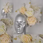 Bridal Cream White Gold Glitter Rose Feather Berry Flowercrown Fascinator